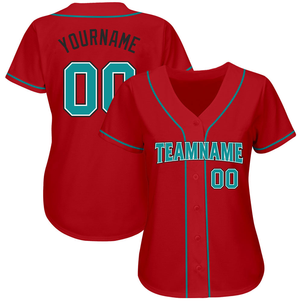Custom Red Teal-Black Authentic Baseball Jersey view 2