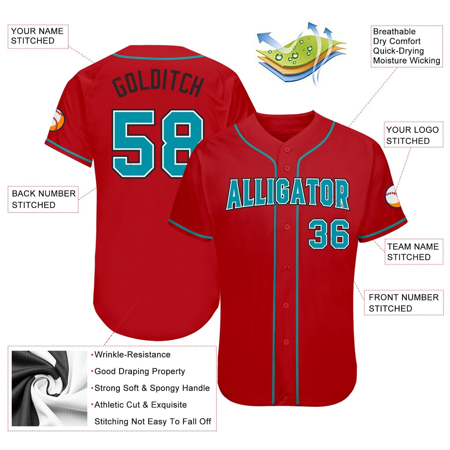 Custom Red Teal-Black Authentic Baseball Jersey view 3