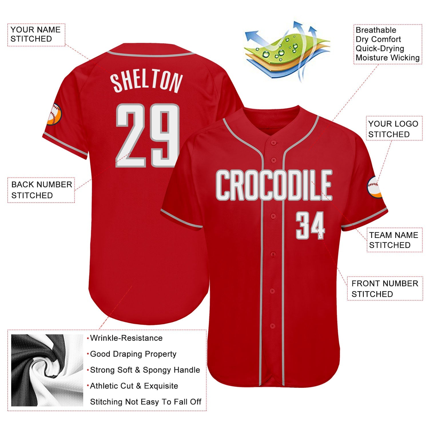 Custom Red White-Gray Authentic Baseball Jersey view 3