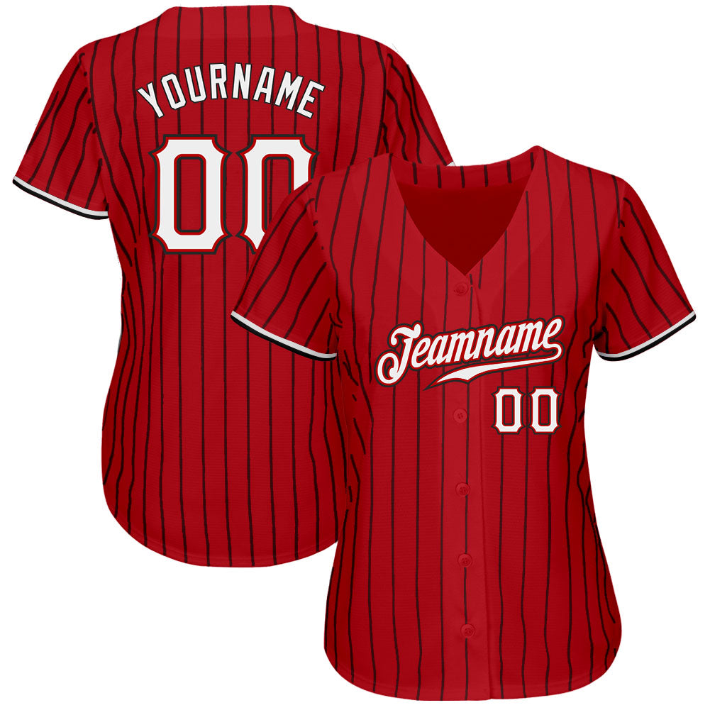 Custom Red Black Pinstripe White-Black Authentic Baseball Jersey view 2