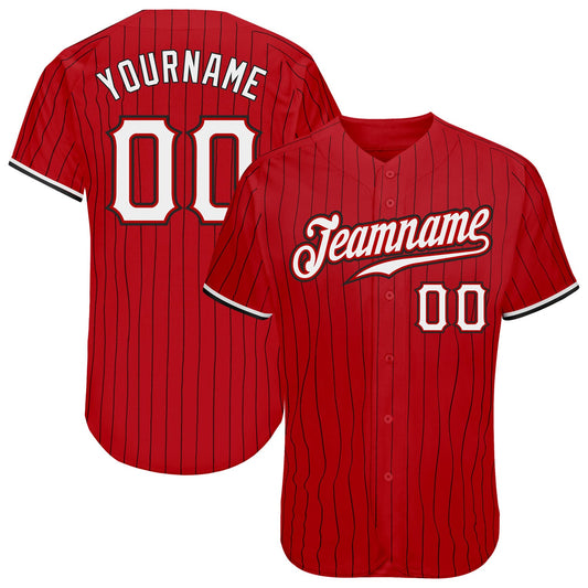 Custom Red Black Pinstripe White-Black Authentic Baseball Jersey - Main View