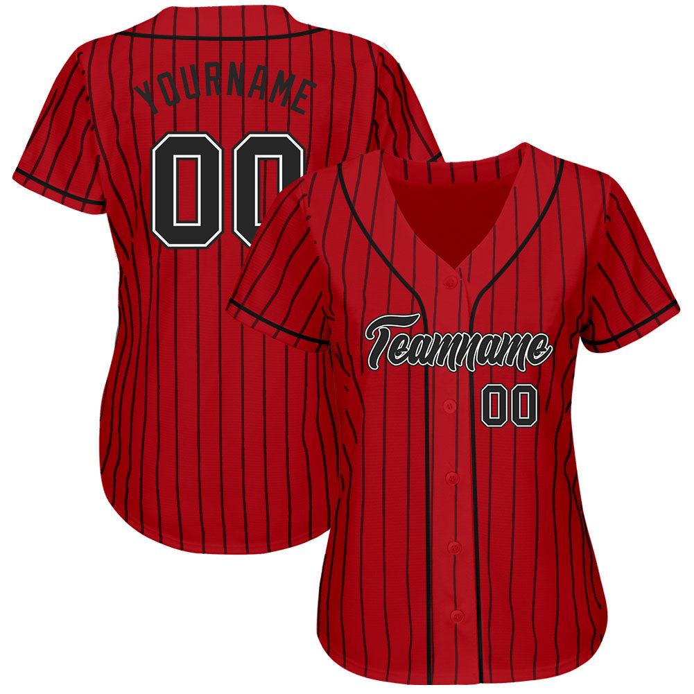 Custom Red Black Pinstripe Black-White Authentic Baseball Jersey view 2