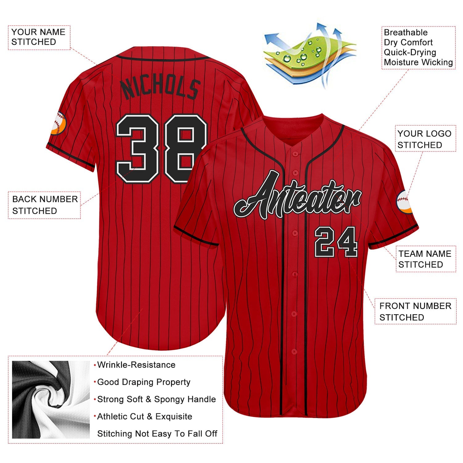 Custom Red Black Pinstripe Black-White Authentic Baseball Jersey view 3