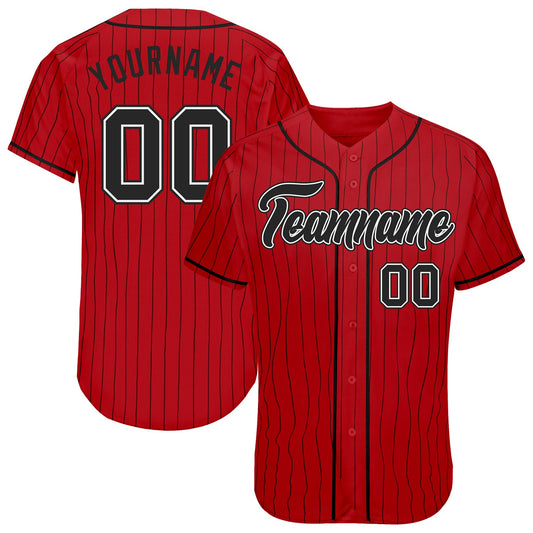 Custom Red Black Pinstripe Black-White Authentic Baseball Jersey - Main View