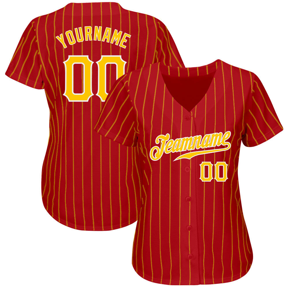 Custom Red Gold Pinstripe Gold-White Authentic Baseball Jersey view 2