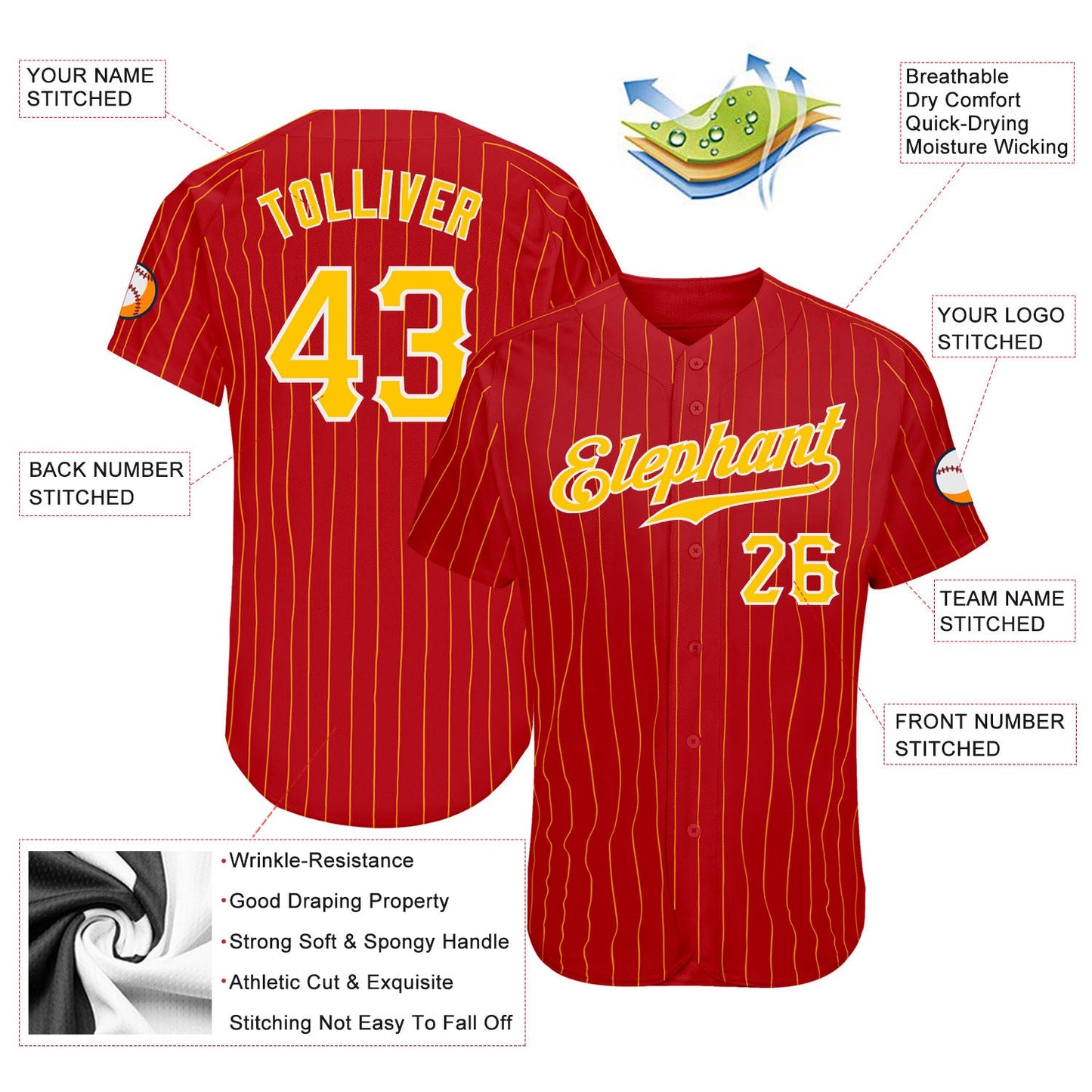 Custom Red Gold Pinstripe Gold-White Authentic Baseball Jersey view 3