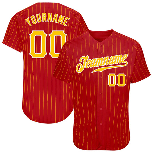 Custom Red Gold Pinstripe Gold-White Authentic Baseball Jersey - Main View