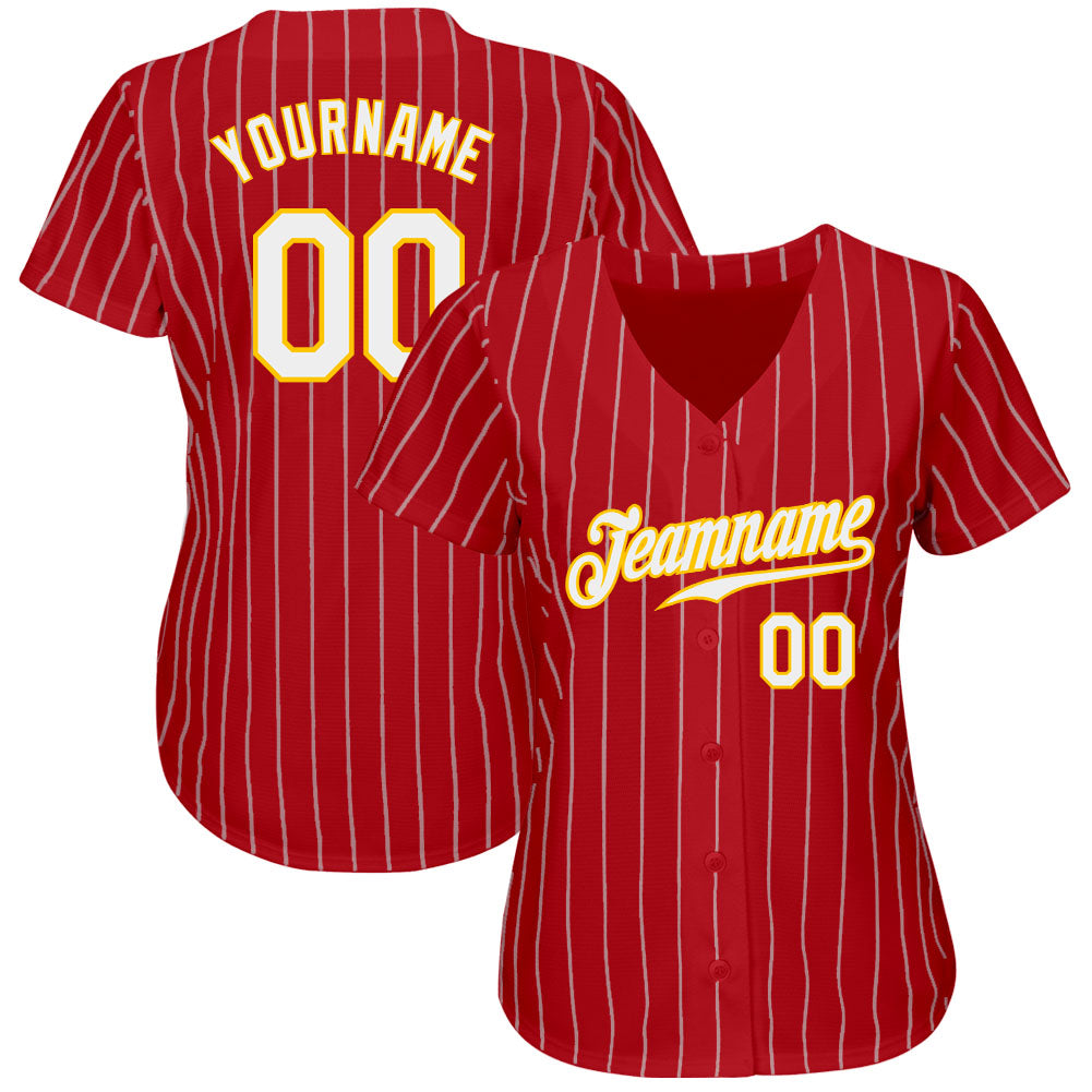 Custom Red Gold Pinstripe White-Gold Authentic Baseball Jersey view 2