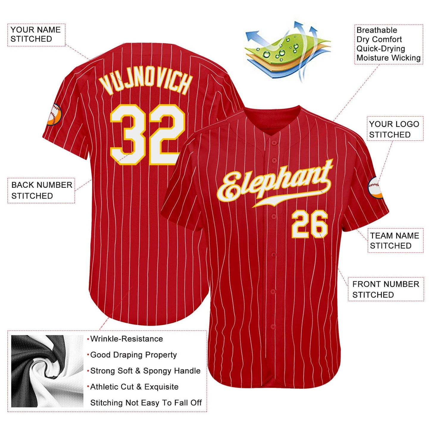 Custom Red Gold Pinstripe White-Gold Authentic Baseball Jersey view 3