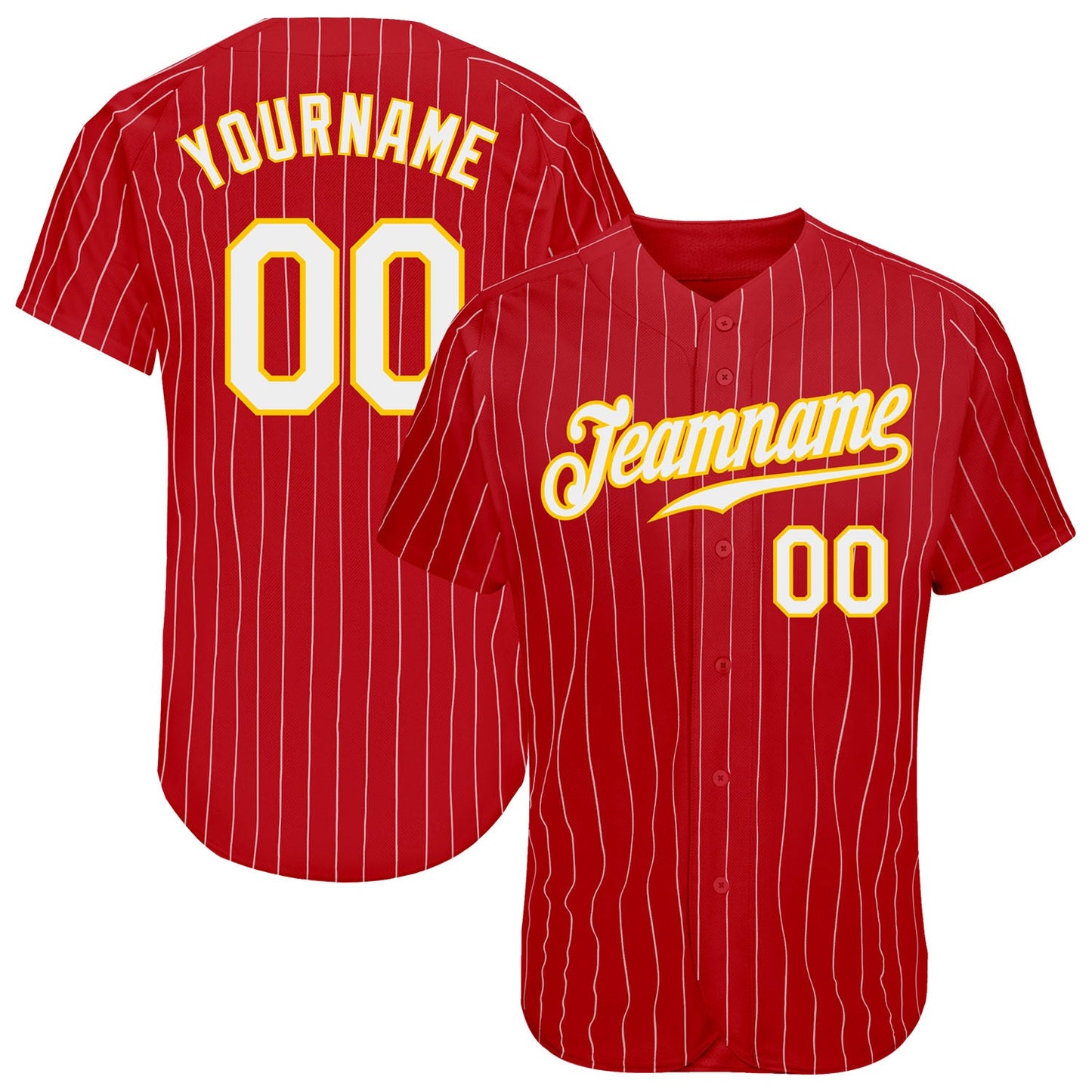 Custom Red Gold Pinstripe White-Gold Authentic Baseball Jersey - Main View