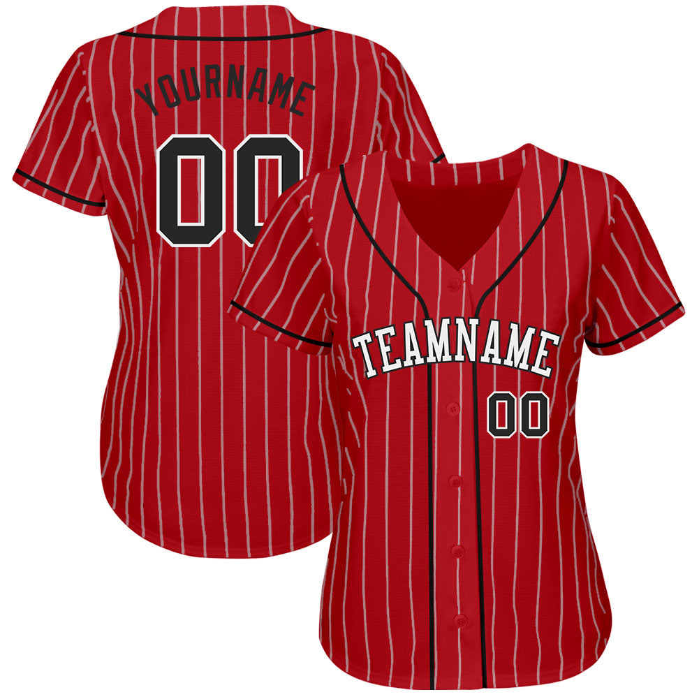Custom Red White Pinstripe Black-White Authentic Baseball Jersey view 3