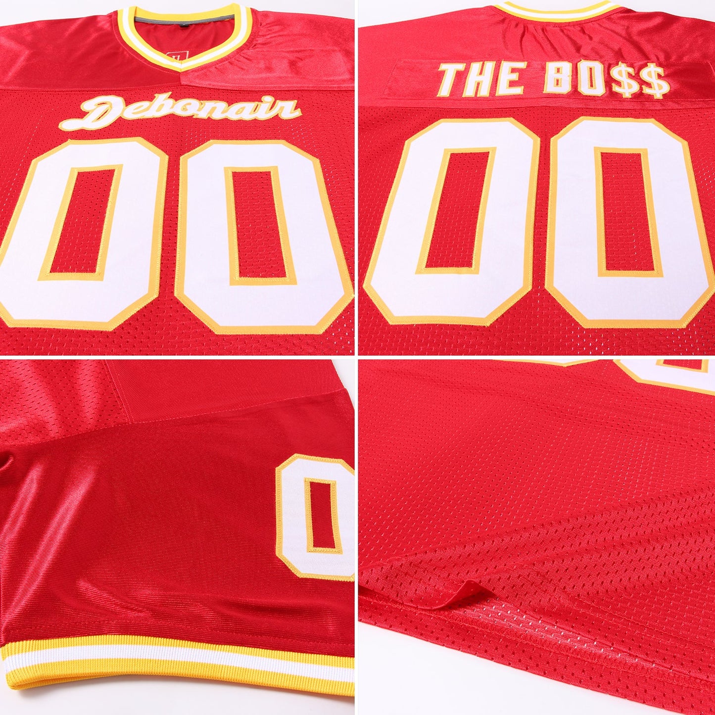 Custom Red White-Gold Mesh Authentic Throwback Football Jersey view 7