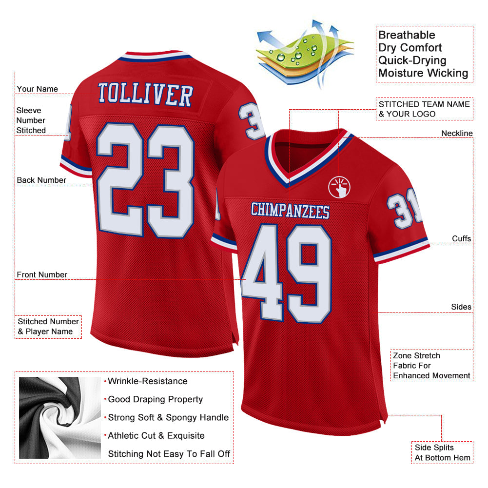 Custom Red White-Royal Mesh Authentic Throwback Football Jersey view 2