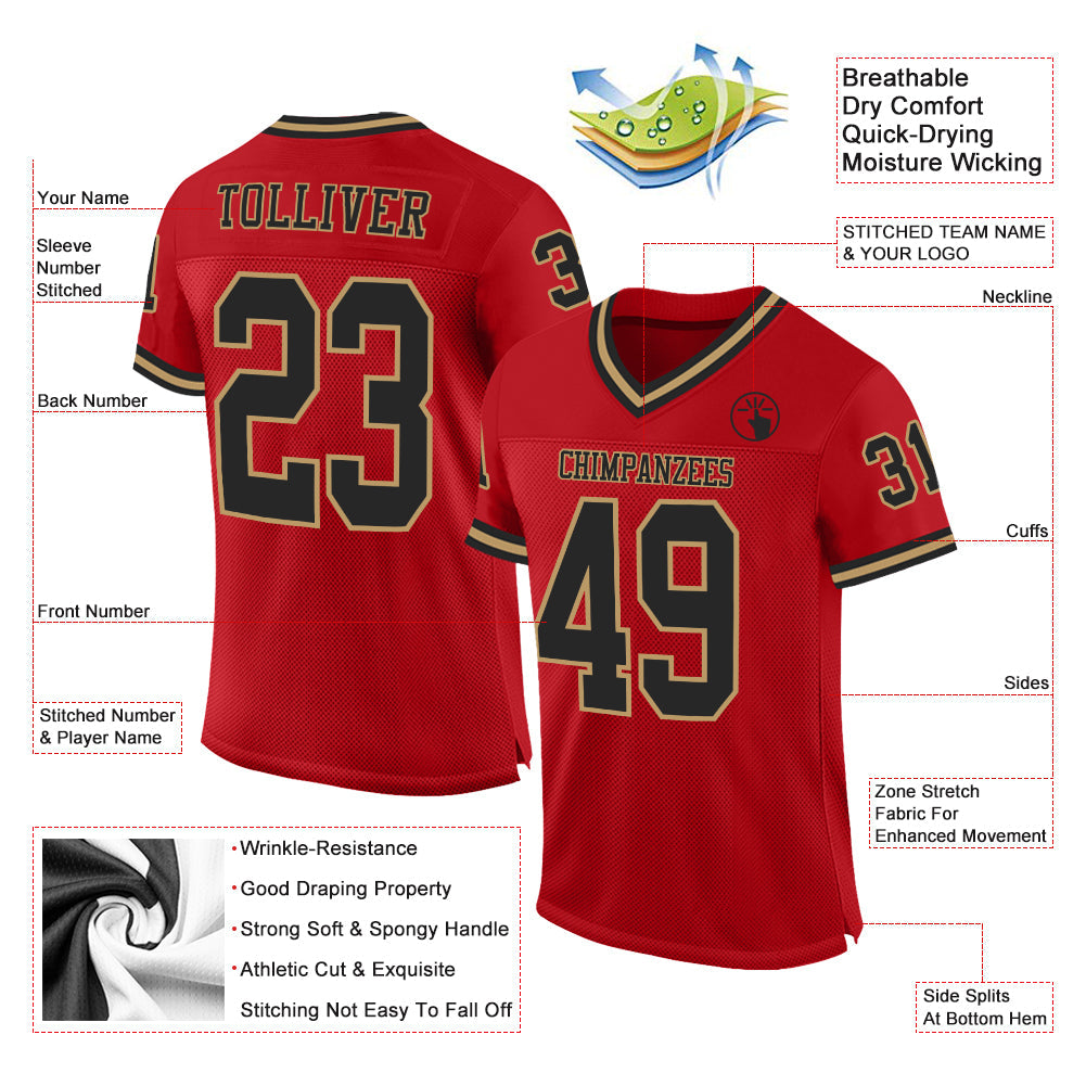 Custom Red Black-Old Gold Mesh Authentic Throwback Football Jersey view 2