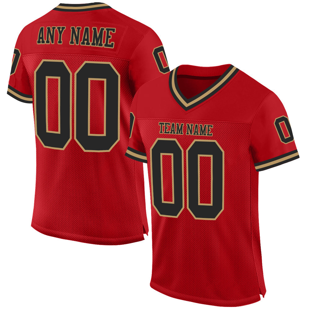 Custom Red Black-Old Gold Mesh Authentic Throwback Football Jersey - Main View