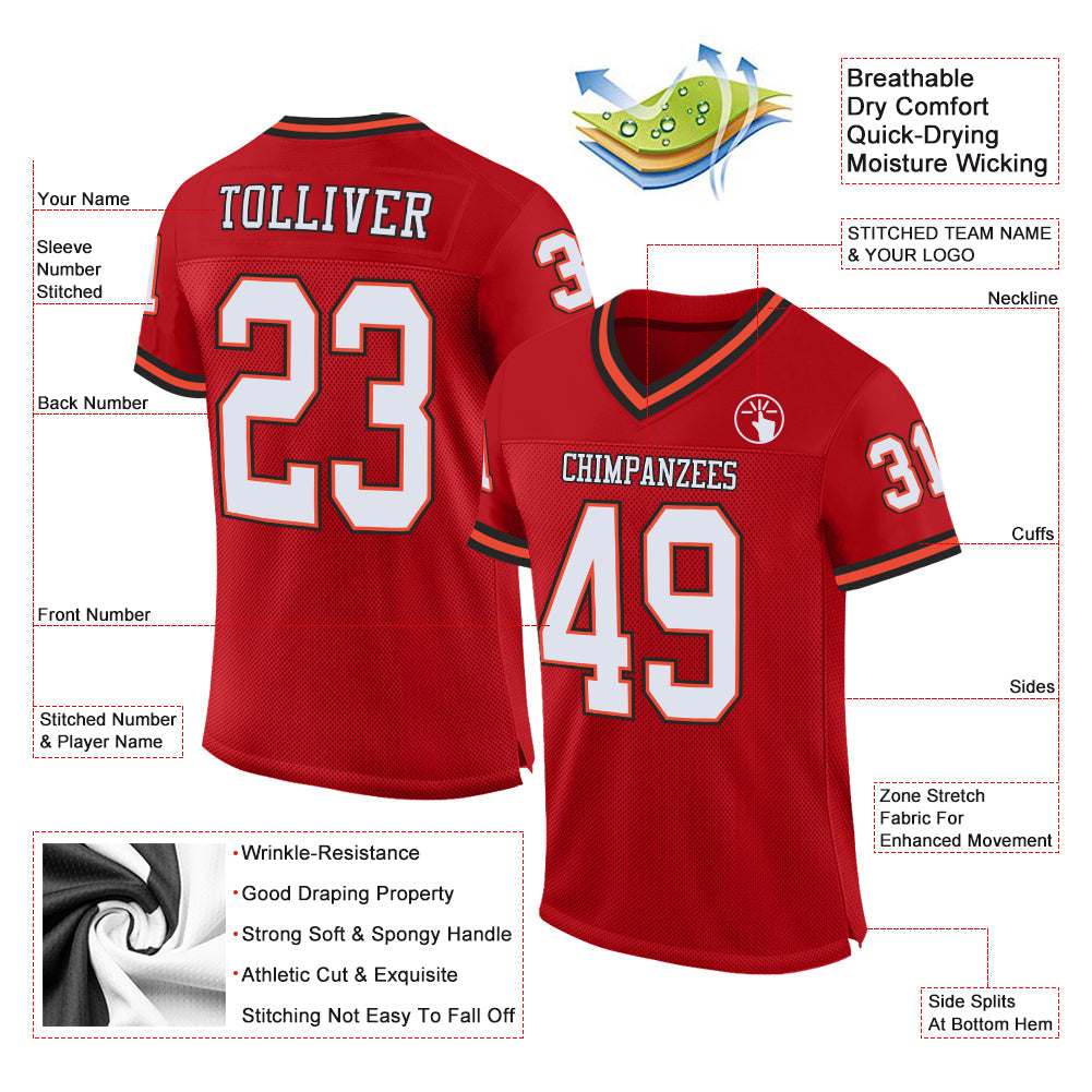 Custom Red White-Orange Mesh Authentic Throwback Football Jersey view 2