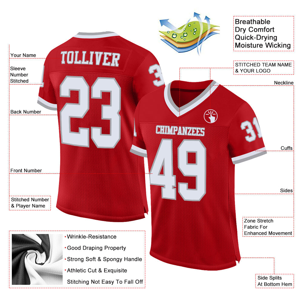Custom Red White-Gray Mesh Authentic Throwback Football Jersey view 2