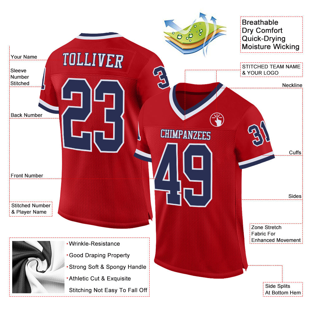 Custom Red Navy-White Mesh Authentic Throwback Football Jersey view 2