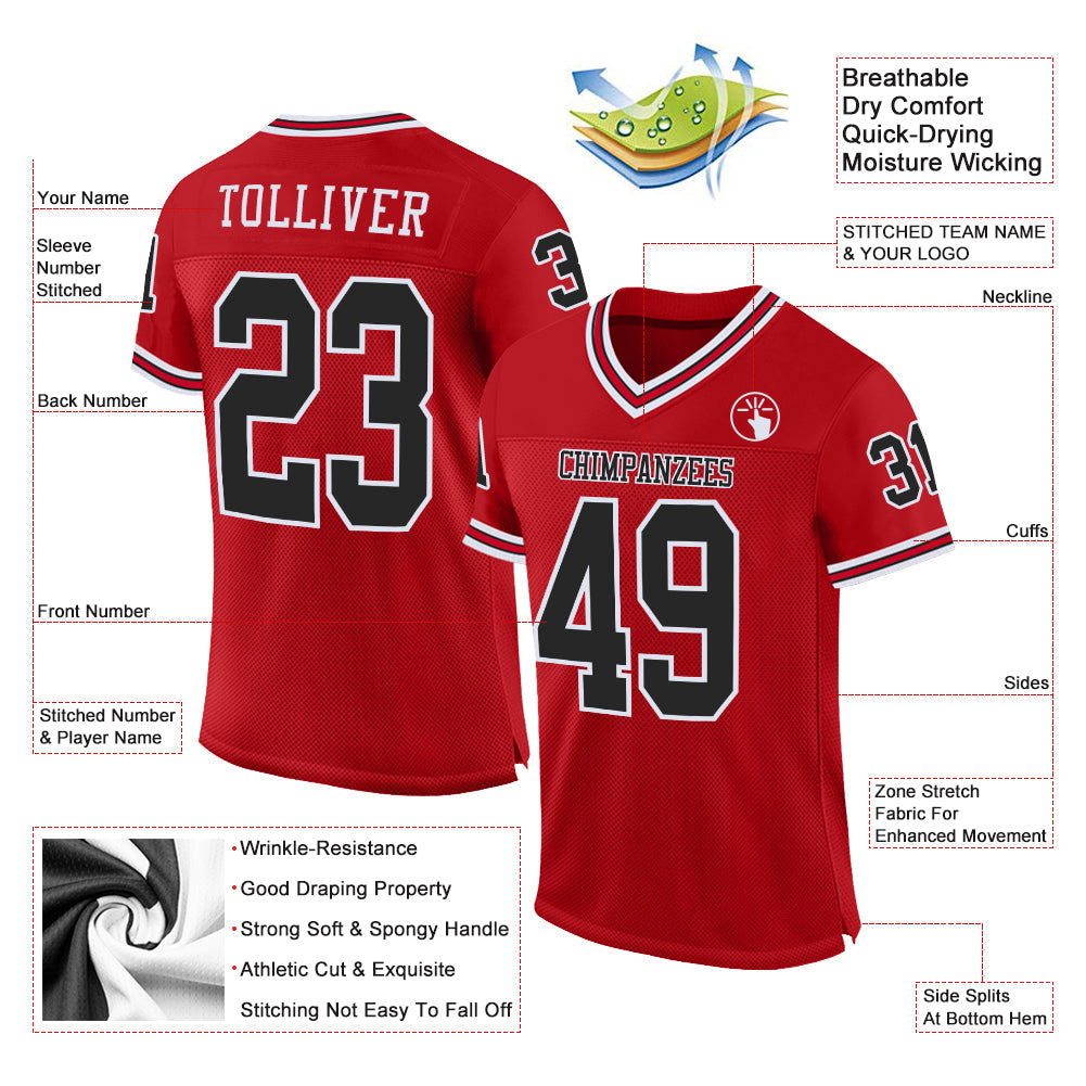 Custom Red Black-White Mesh Authentic Throwback Football Jersey view 2