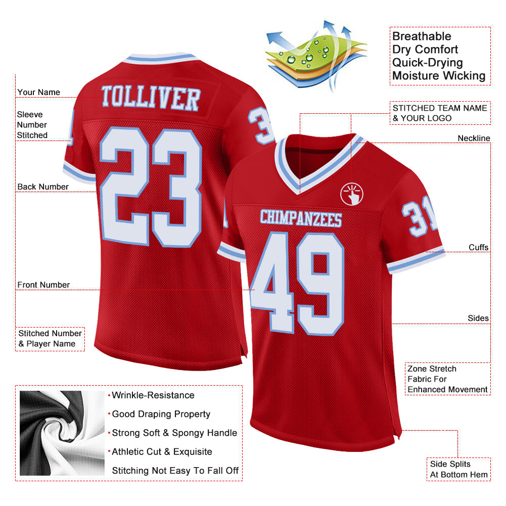 Custom Red White-Light Blue Mesh Authentic Throwback Football Jersey view 2