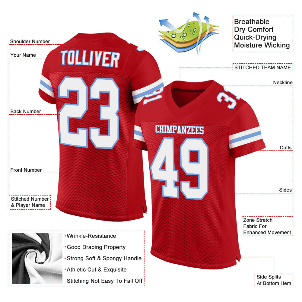 Custom Red White-Light Blue Mesh Authentic Football Jersey view 2