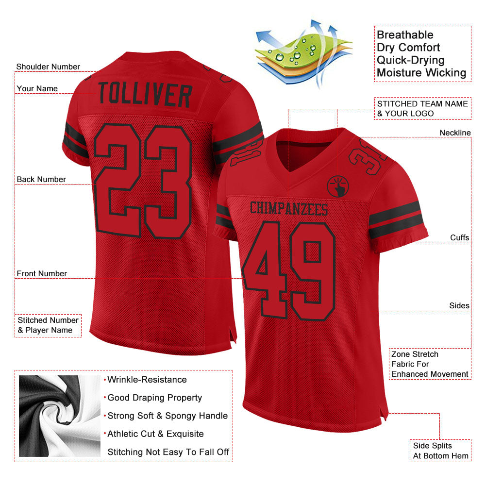 Custom Red Red-Black Mesh Authentic Football Jersey view 2
