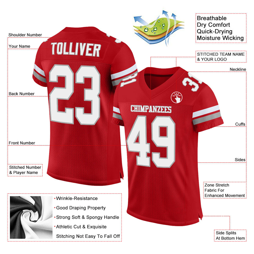 Custom Red White-Gray Mesh Authentic Football Jersey view 2