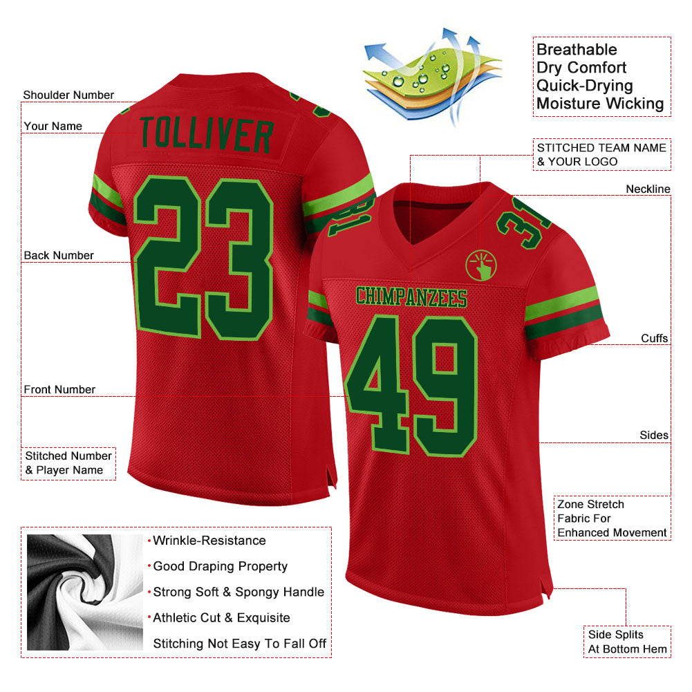Custom Red Green-Neon Green Mesh Authentic Football Jersey view 2
