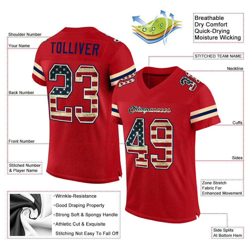 Custom Red Vintage USA Flag-Cream Mesh Authentic Football Jersey view 2