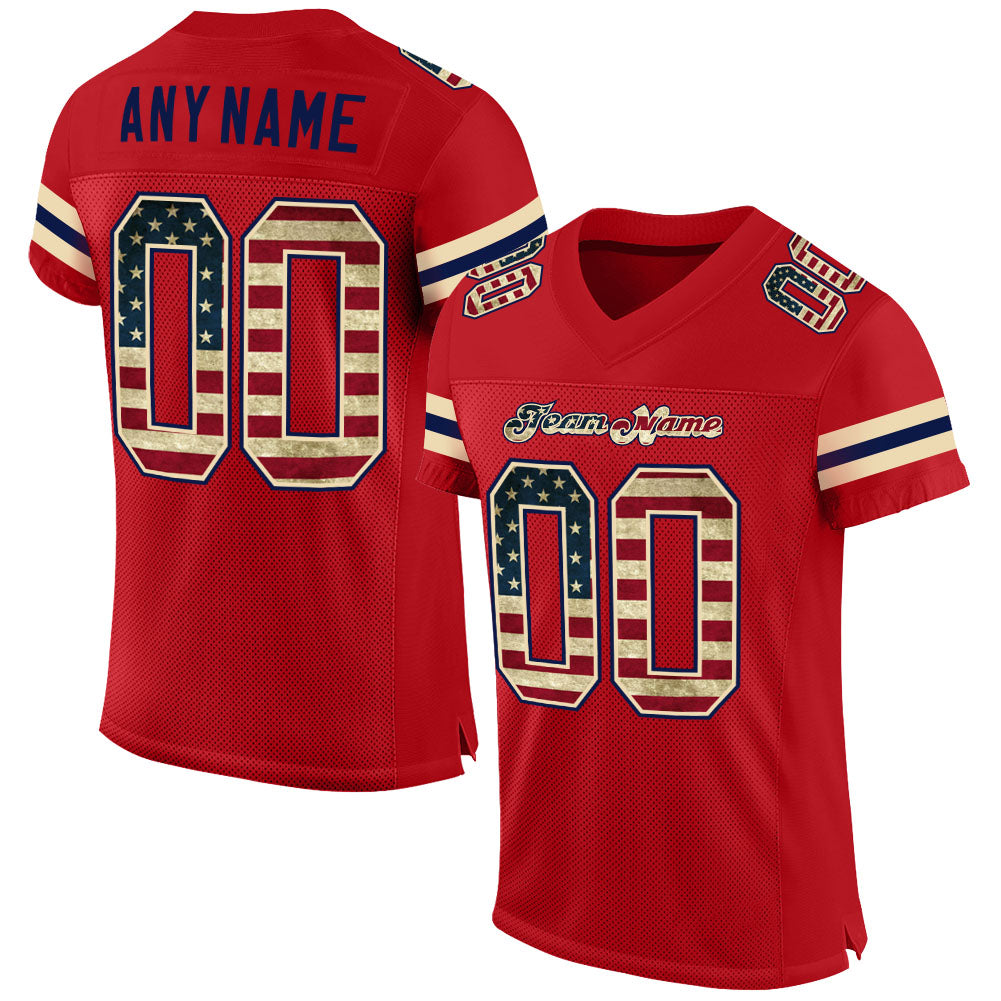 Custom Red Vintage USA Flag-Cream Mesh Authentic Football Jersey - Main View