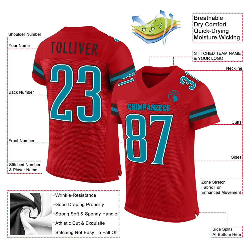 Custom Red Teal-Black Mesh Authentic Football Jersey view 2