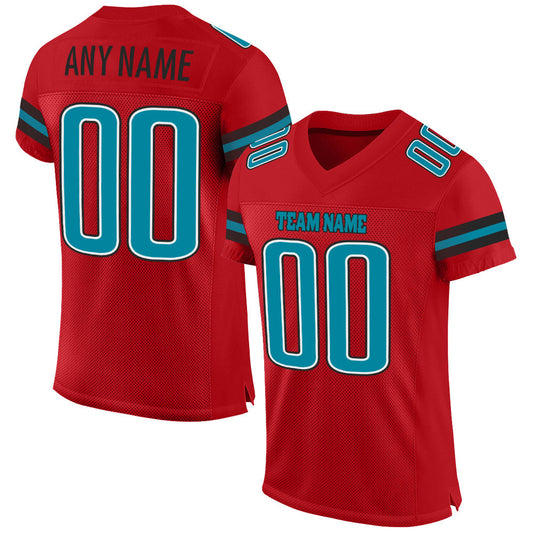 Custom Red Teal-Black Mesh Authentic Football Jersey - Main View