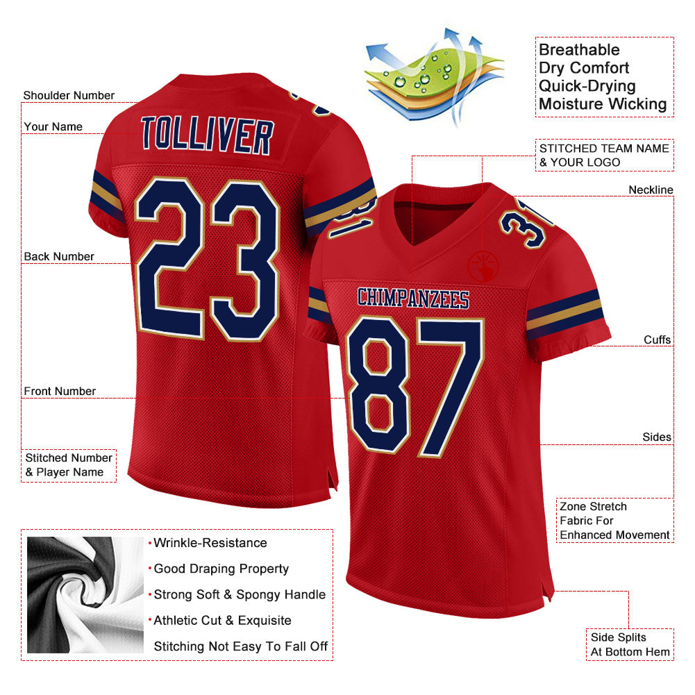 Custom Red Navy-Old Gold Mesh Authentic Football Jersey view 2