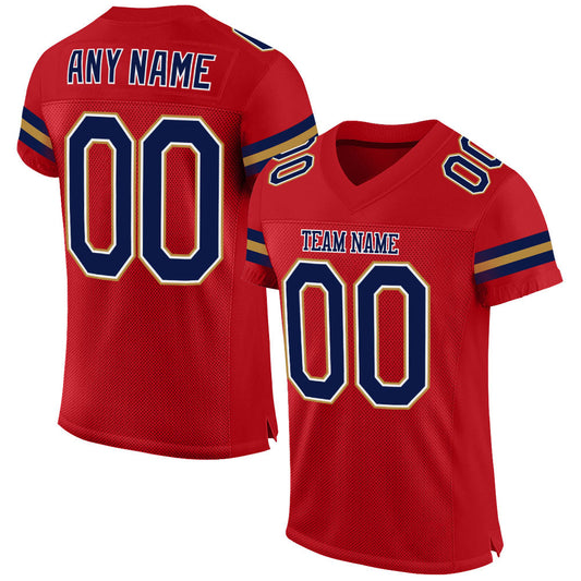 Custom Red Navy-Old Gold Mesh Authentic Football Jersey - Main View