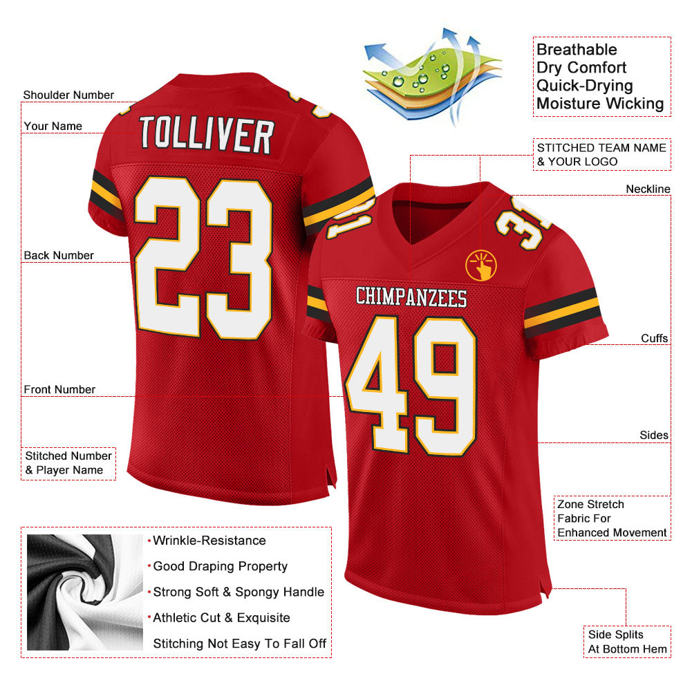 Custom Red White-Gold Mesh Authentic Football Jersey view 2