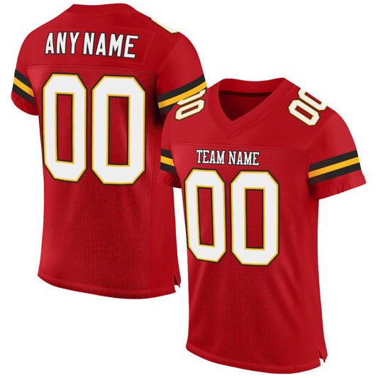 Custom Red White-Gold Mesh Authentic Football Jersey - Main View