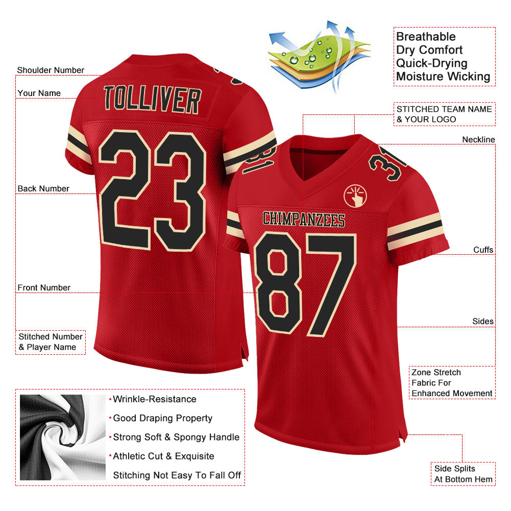 Custom Red Black-Cream Mesh Authentic Football Jersey view 2