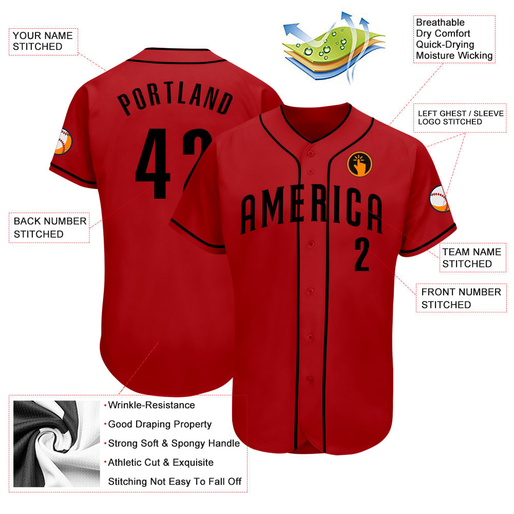 Custom Red Black Authentic Baseball Jersey view 3