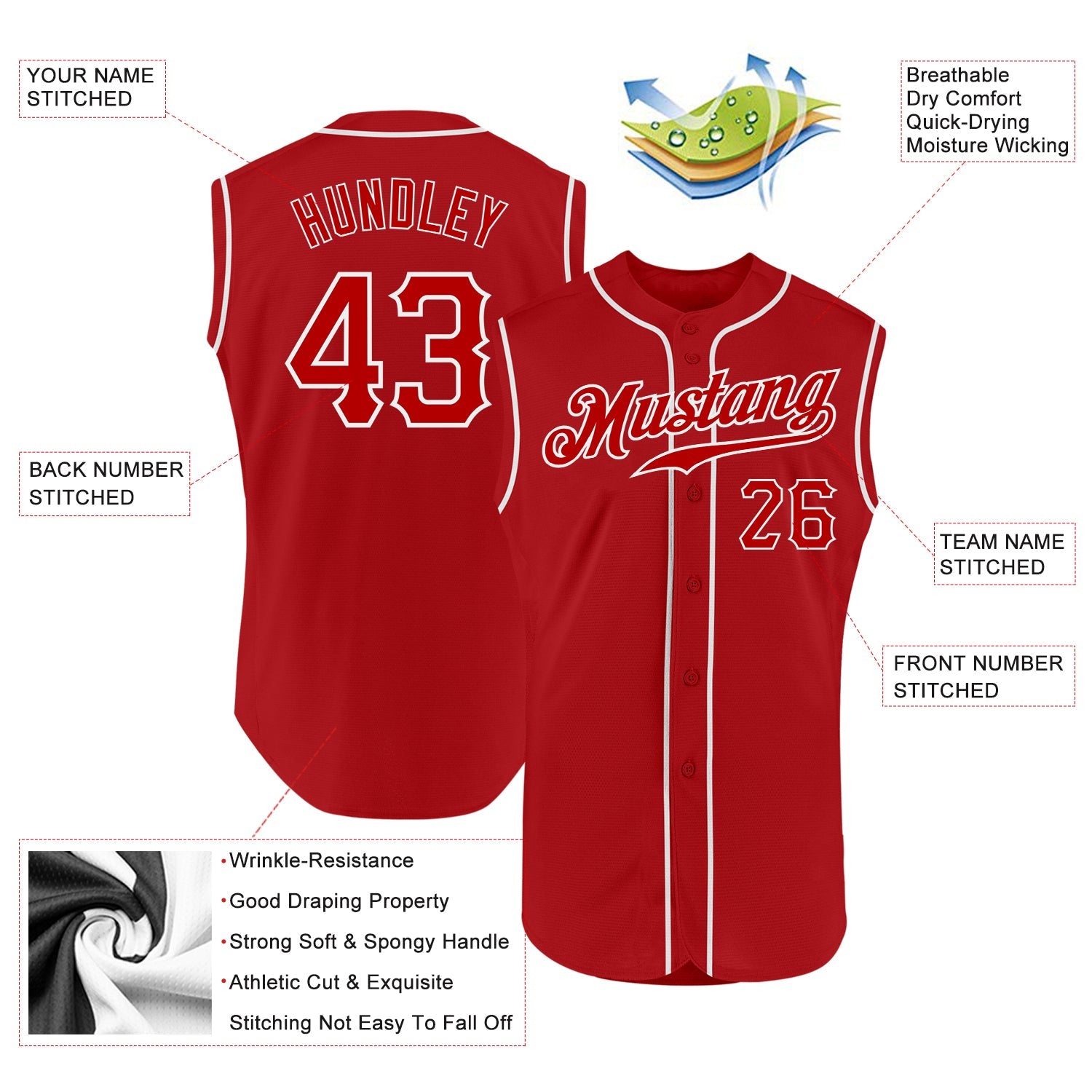 Custom Red Red-White Authentic Sleeveless Baseball Jersey view 2