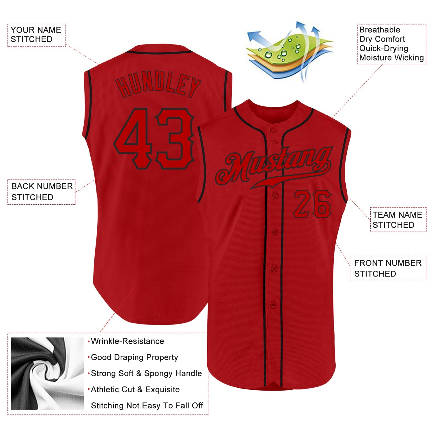 Custom Red Red-Black Authentic Sleeveless Baseball Jersey view 2