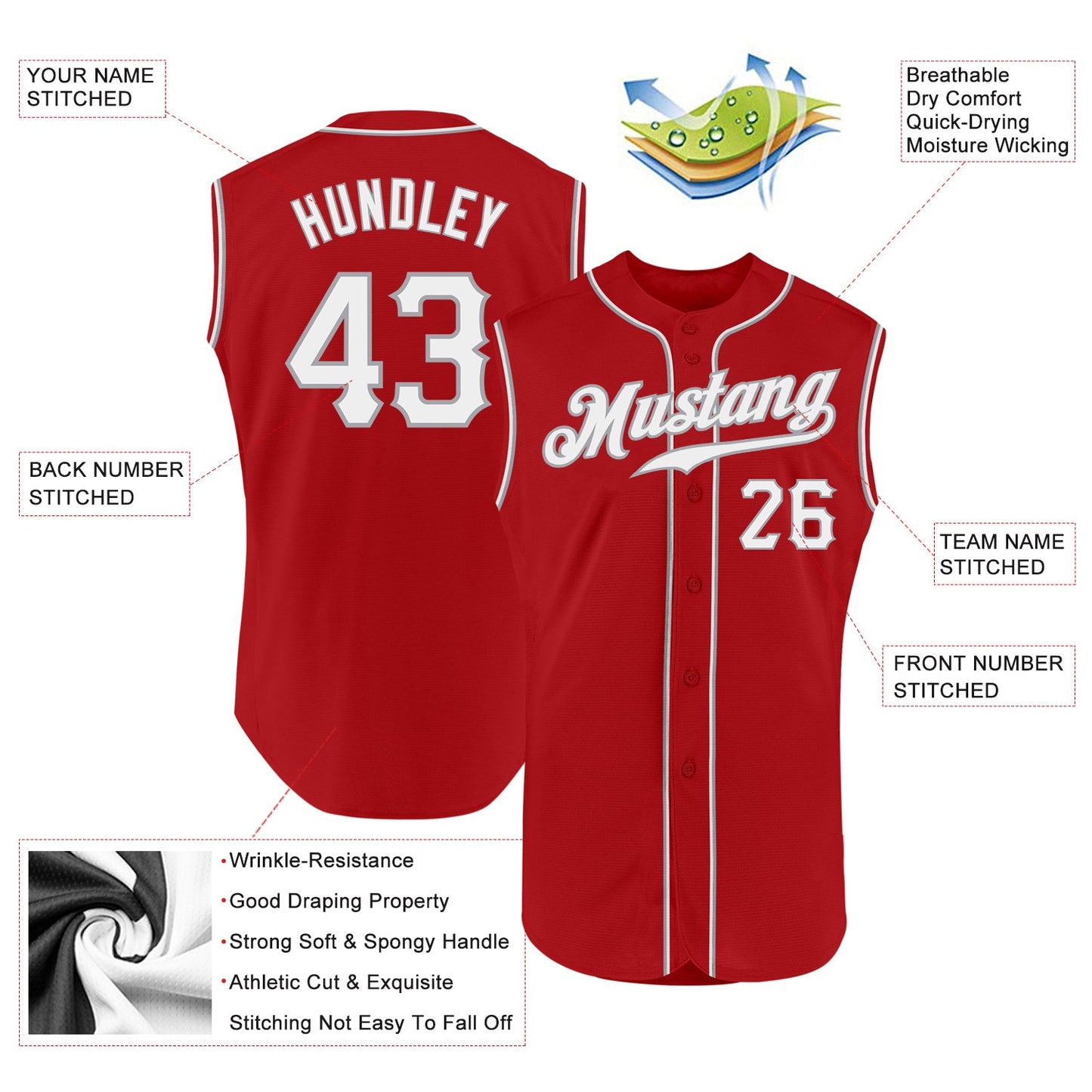 Custom Red White-Gray Authentic Sleeveless Baseball Jersey view 2