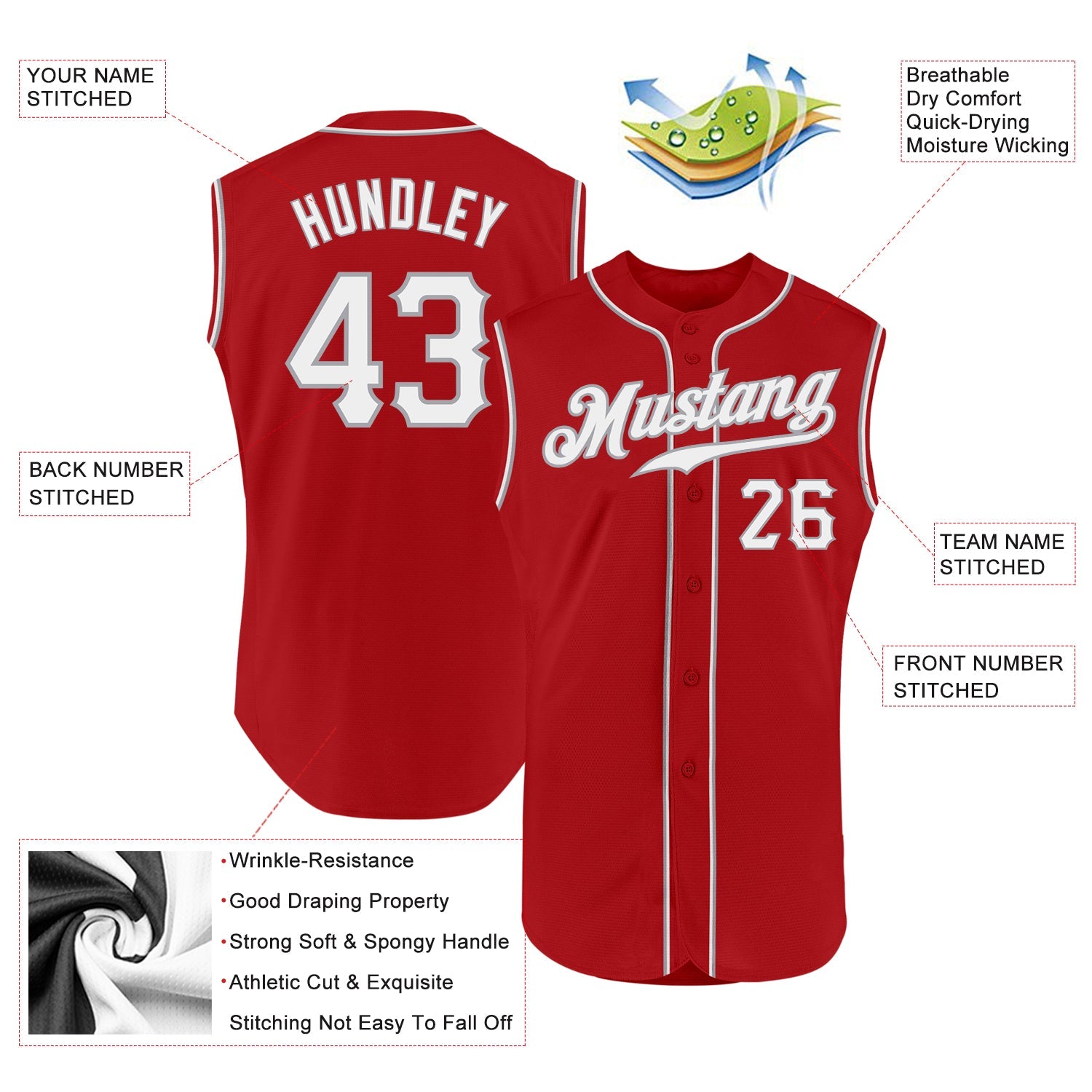 Custom Red White-Gray Authentic Sleeveless Baseball Jersey view 2