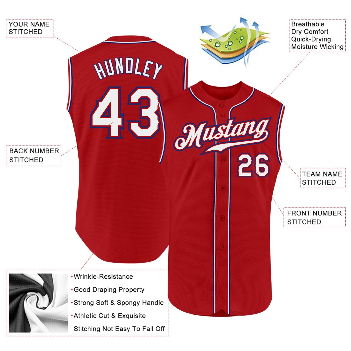 Custom Red White-Royal Authentic Sleeveless Baseball Jersey view 2