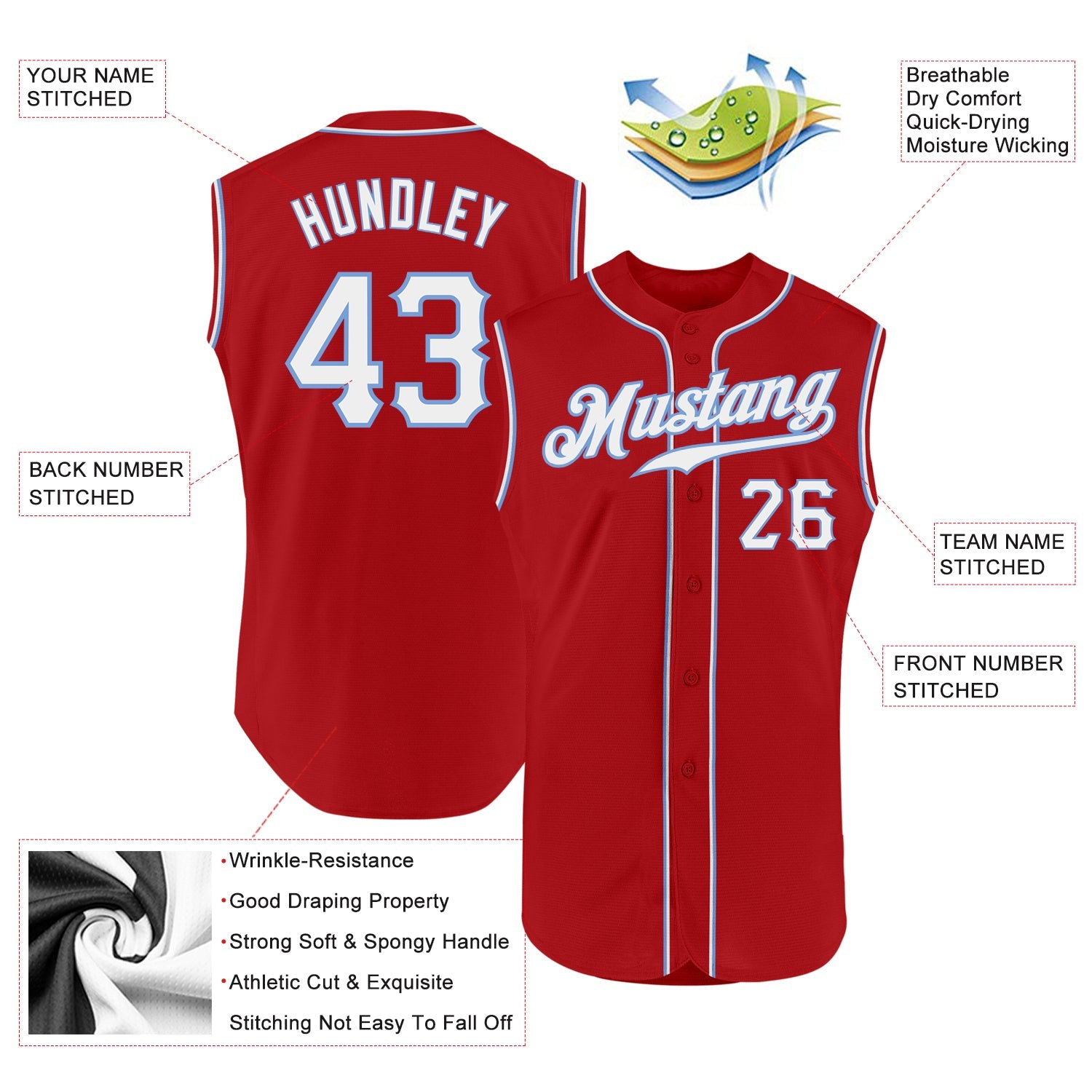 Custom Red White-Light Blue Authentic Sleeveless Baseball Jersey view 2