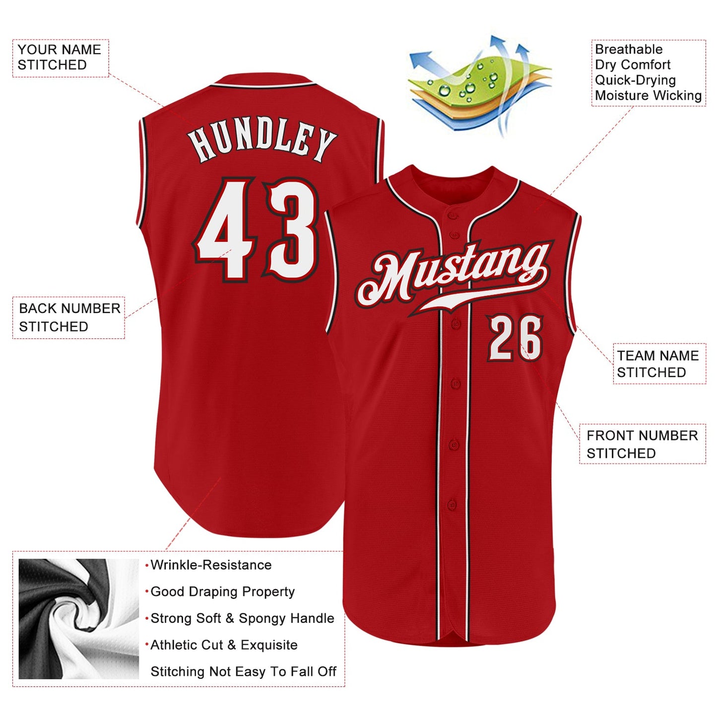 Custom Red White-Black Authentic Sleeveless Baseball Jersey view 2