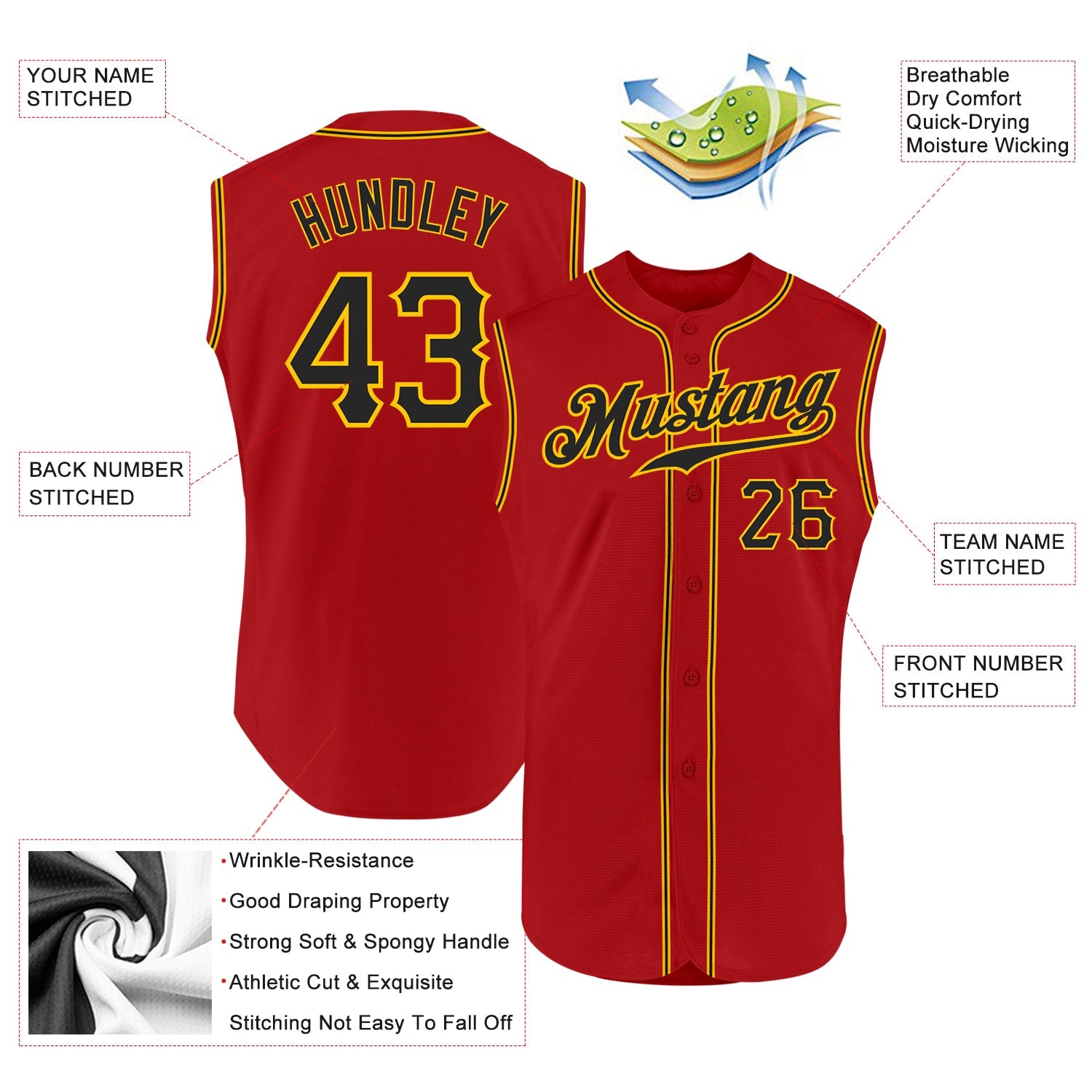 Custom Red Black-Gold Authentic Sleeveless Baseball Jersey view 2