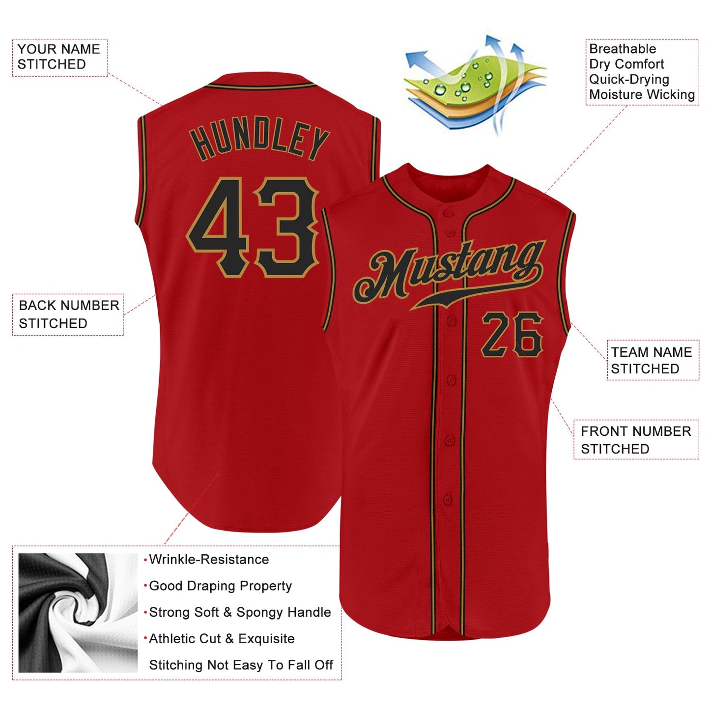 Custom Red Black-Old Gold Authentic Sleeveless Baseball Jersey view 2