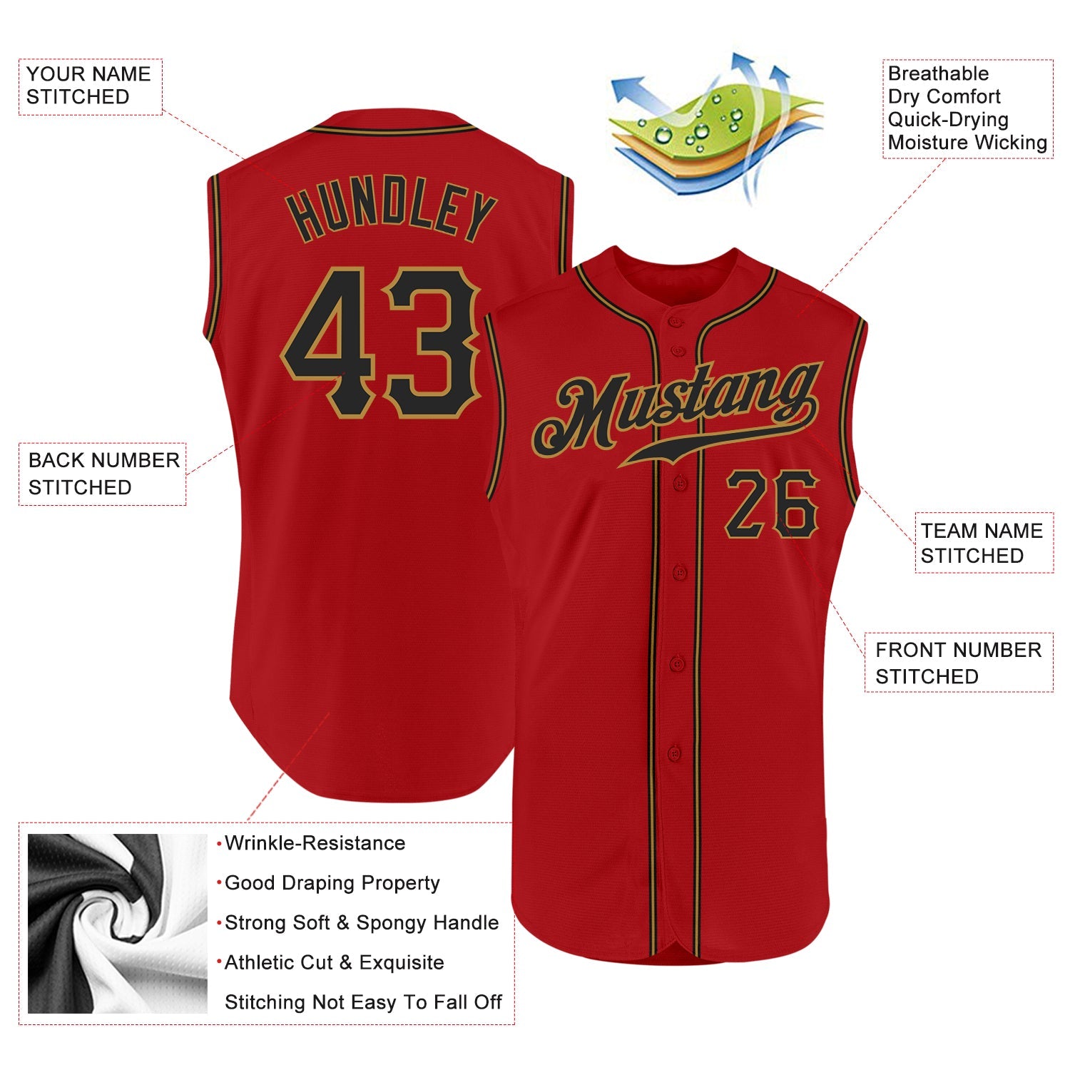 Custom Red Black-Old Gold Authentic Sleeveless Baseball Jersey view 2