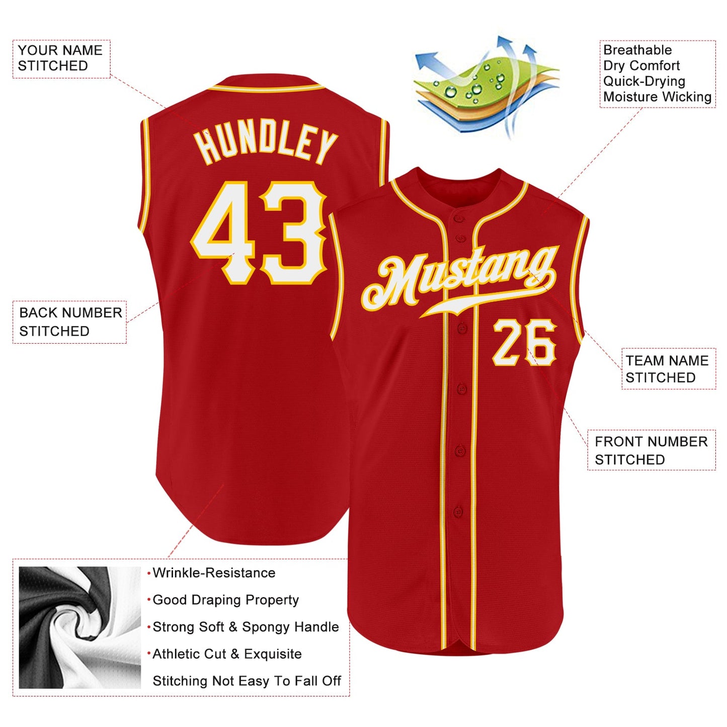 Custom Red White-Gold Authentic Sleeveless Baseball Jersey view 2