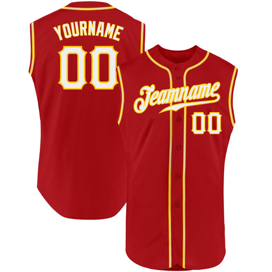 Custom Red White-Gold Authentic Sleeveless Baseball Jersey - Main View